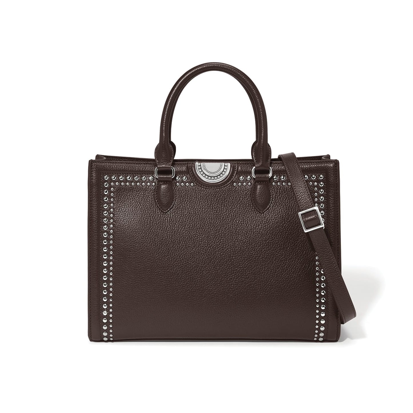 Brighton brown leather handbag with silver-tone stud trim, dual top handles, and adjustable crossbody strap on a white background
