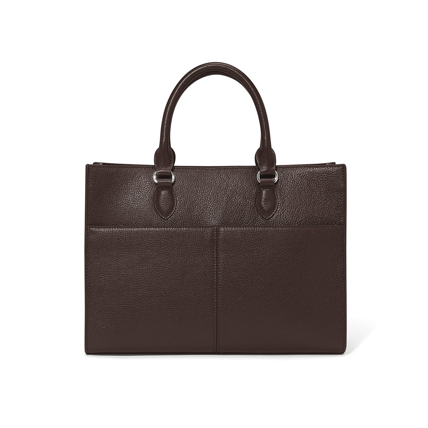 Brighton handbag shown from the back in dark brown pebbled leather with dual rolled handles and pockets on a white background