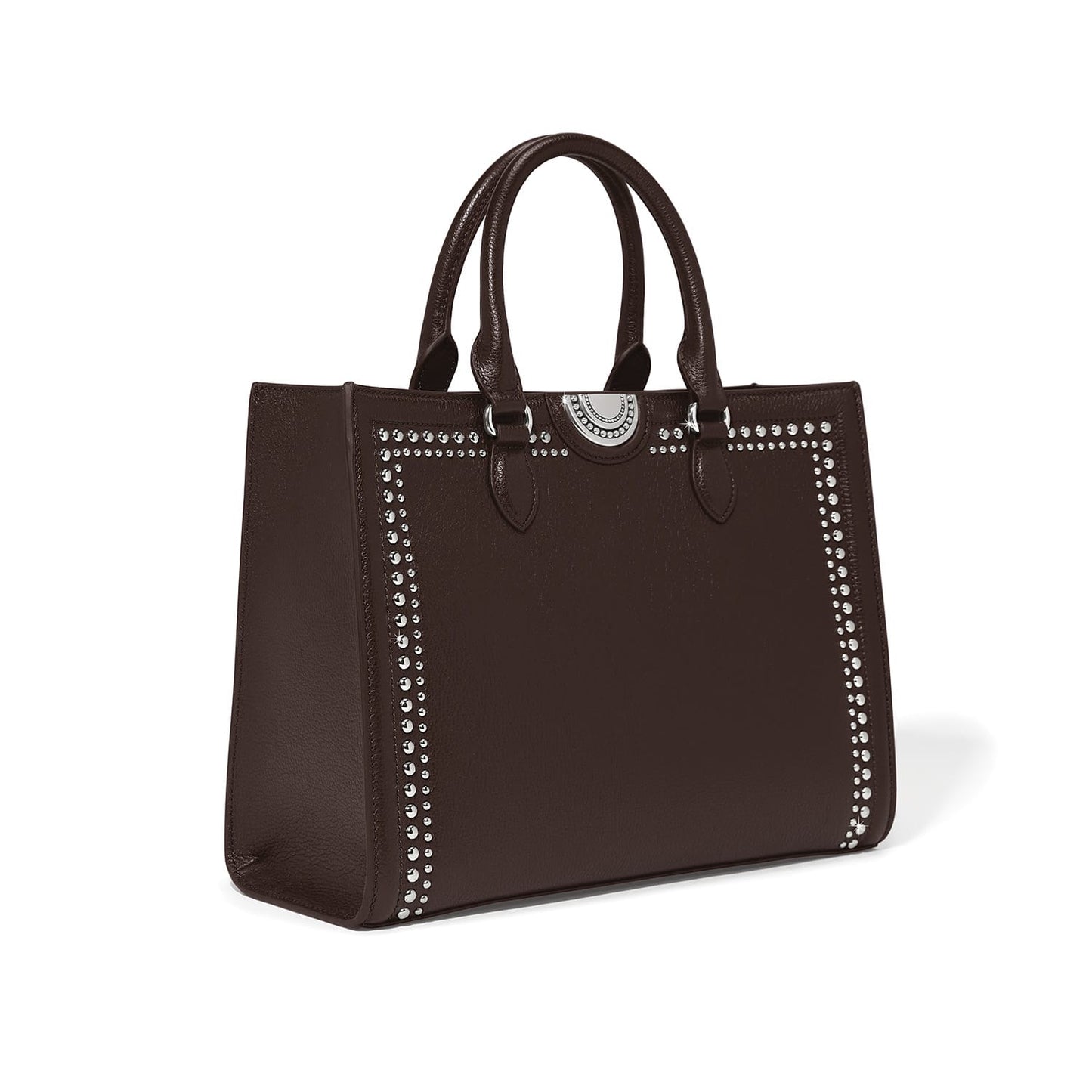 Brighton handbag in dark brown leather with silver-tone studded trim and rolled top handles on a white background