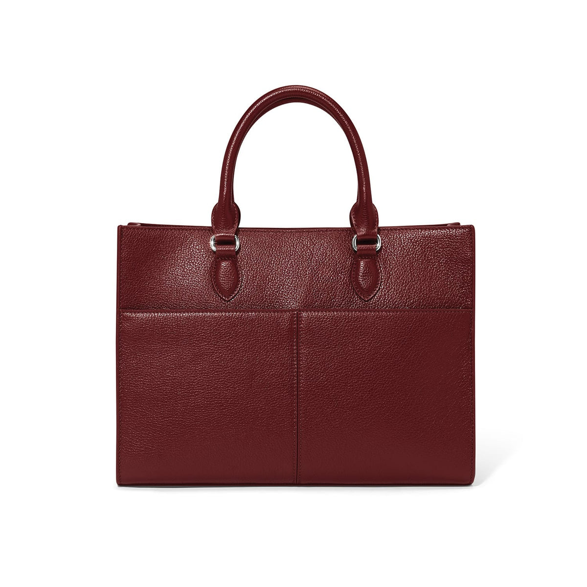 Brighton burgundy pebbled leather handbag shown from the back with dual rounded top handles on a white background