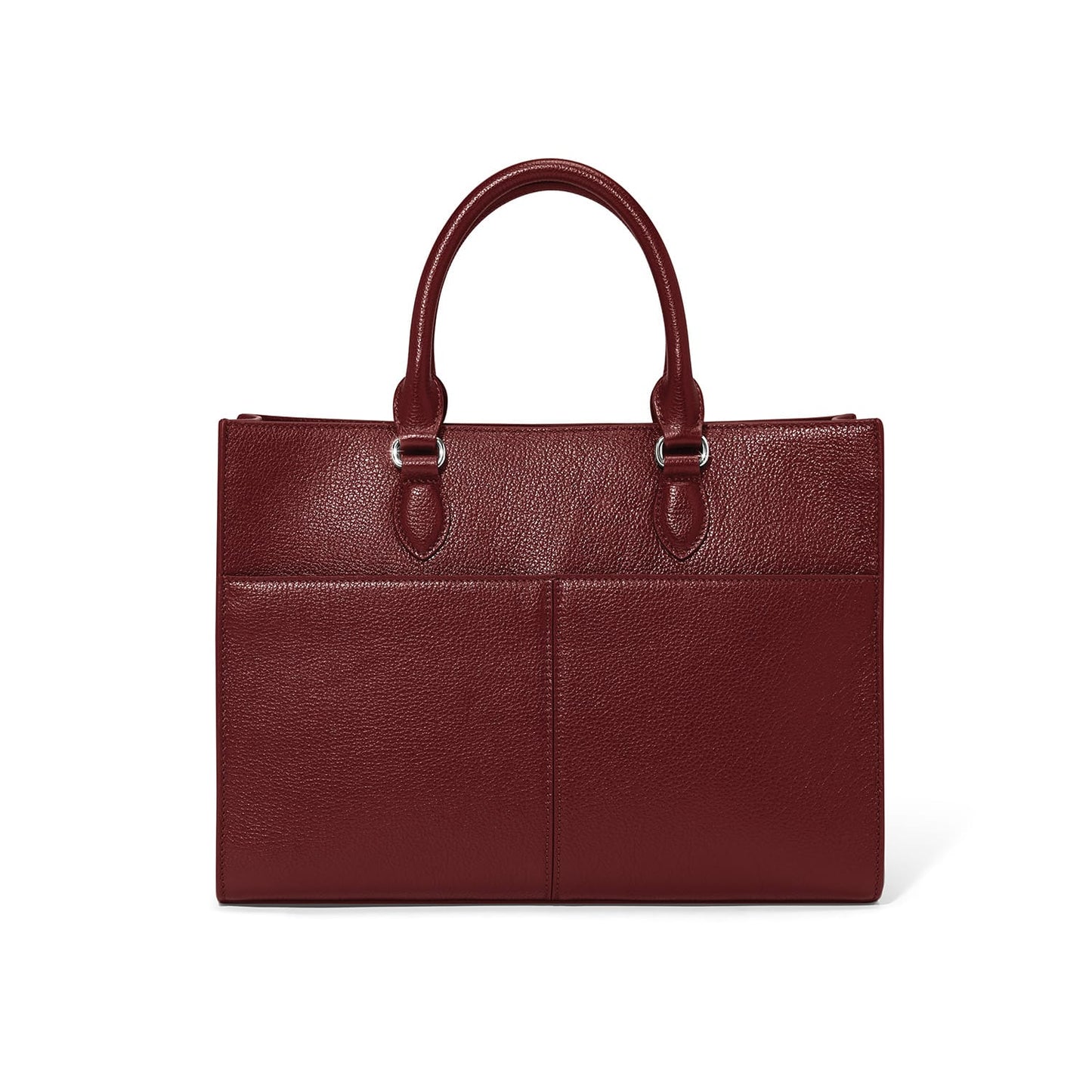 Brighton burgundy pebbled leather handbag shown from the back with dual rounded top handles on a white background