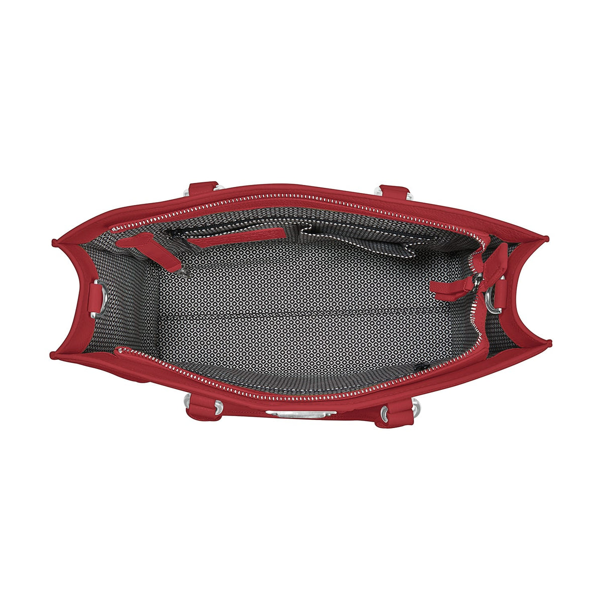 Brighton red leather handbag interior view showing patterned black and white fabric lining with silver-tone hardware on a white background