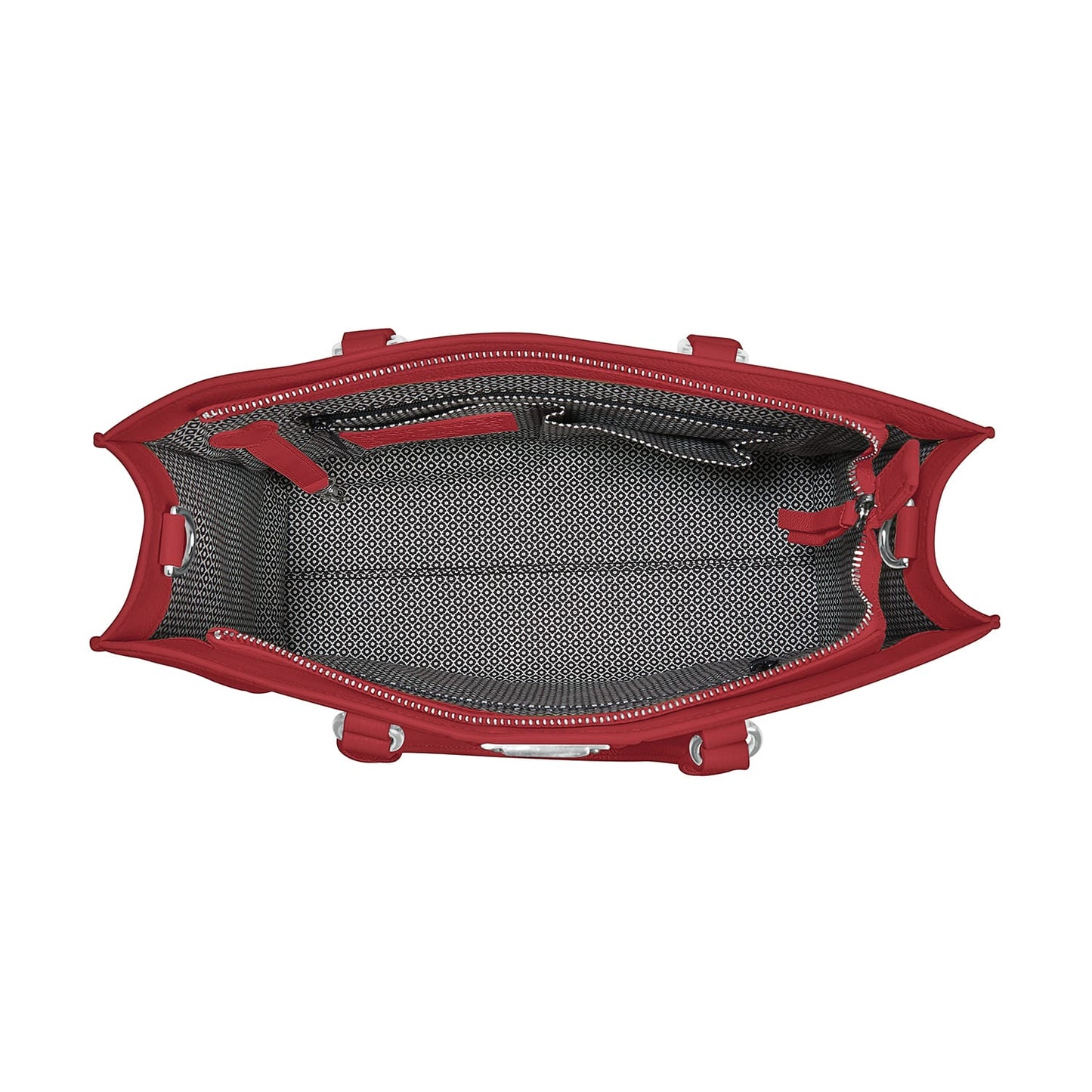 Brighton red leather handbag interior view showing patterned black and white fabric lining with silver-tone hardware on a white background