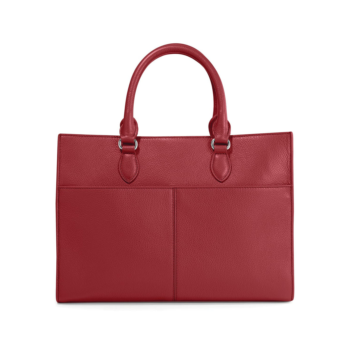 Brighton red leather handbag shown from the back with dual rolled handles and two front pockets on a white background