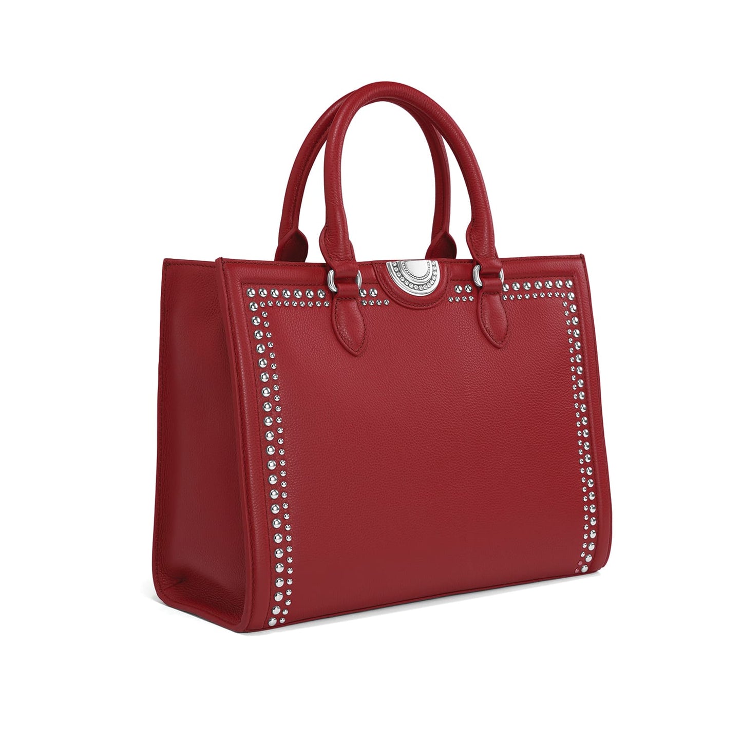 Brighton red leather handbag with silver-tone studded trim, dual rolled handles, and medallion accent on a white background