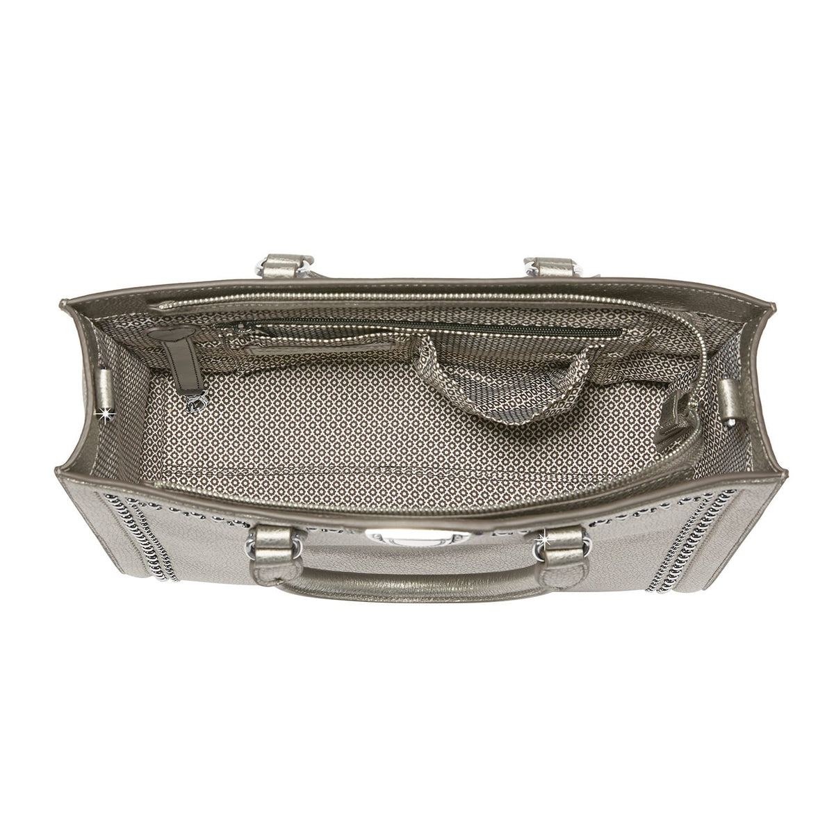 Brighton metallic silver handbag shown from above with patterned fabric interior lining and zippered pocket on a white background