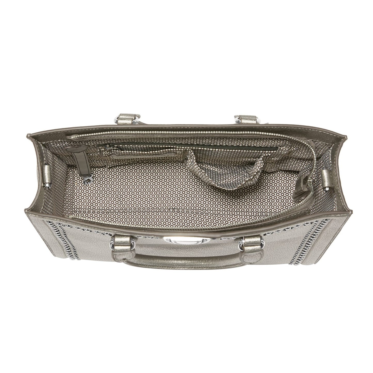Brighton metallic silver handbag shown from above with patterned fabric interior lining and zippered pocket on a white background