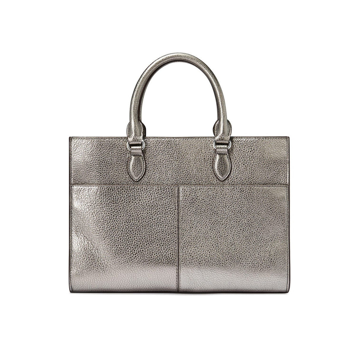 Brighton handbag shown from the back in metallic pewter leather with dual rolled handles on a white background