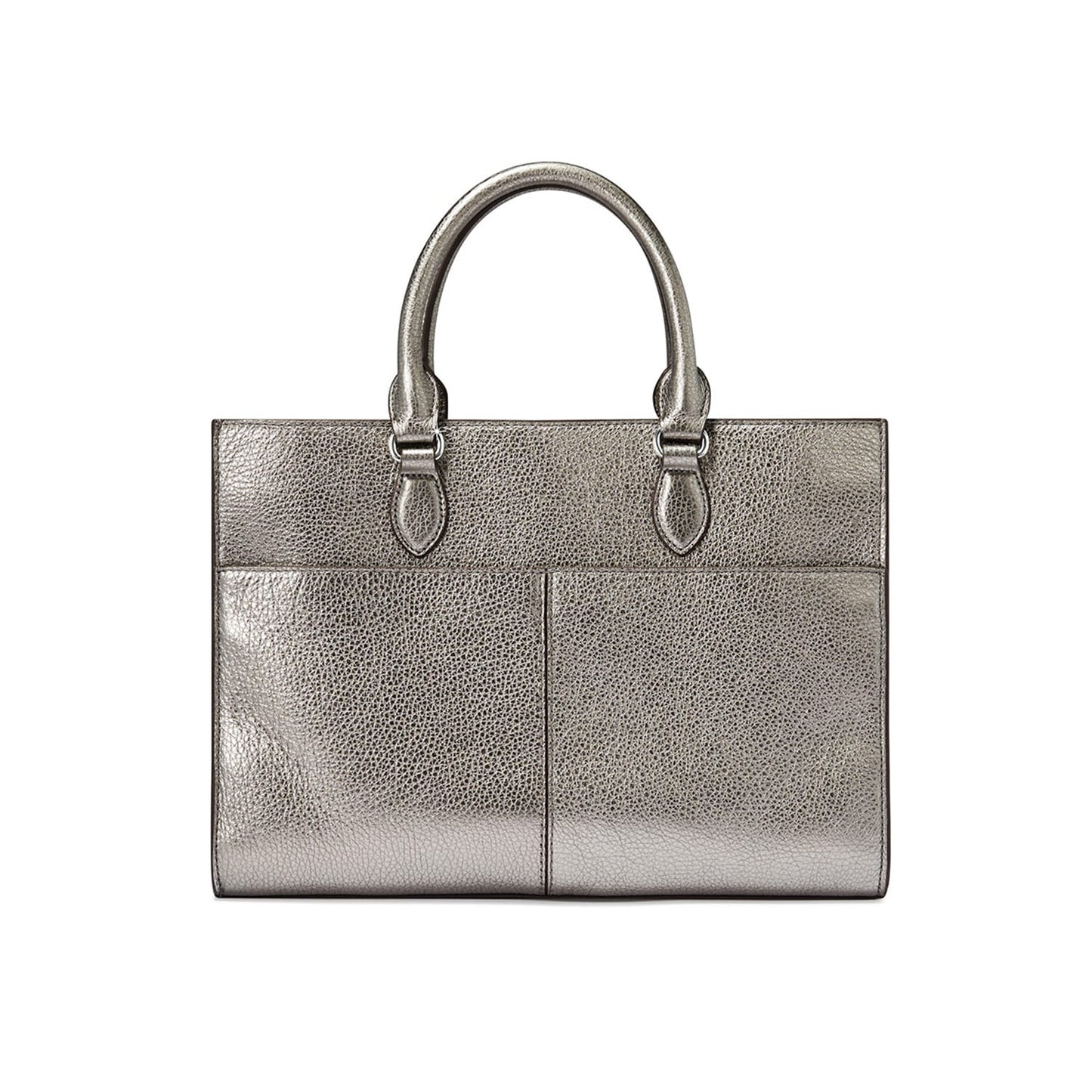 Brighton handbag shown from the back in metallic pewter leather with dual rolled handles on a white background