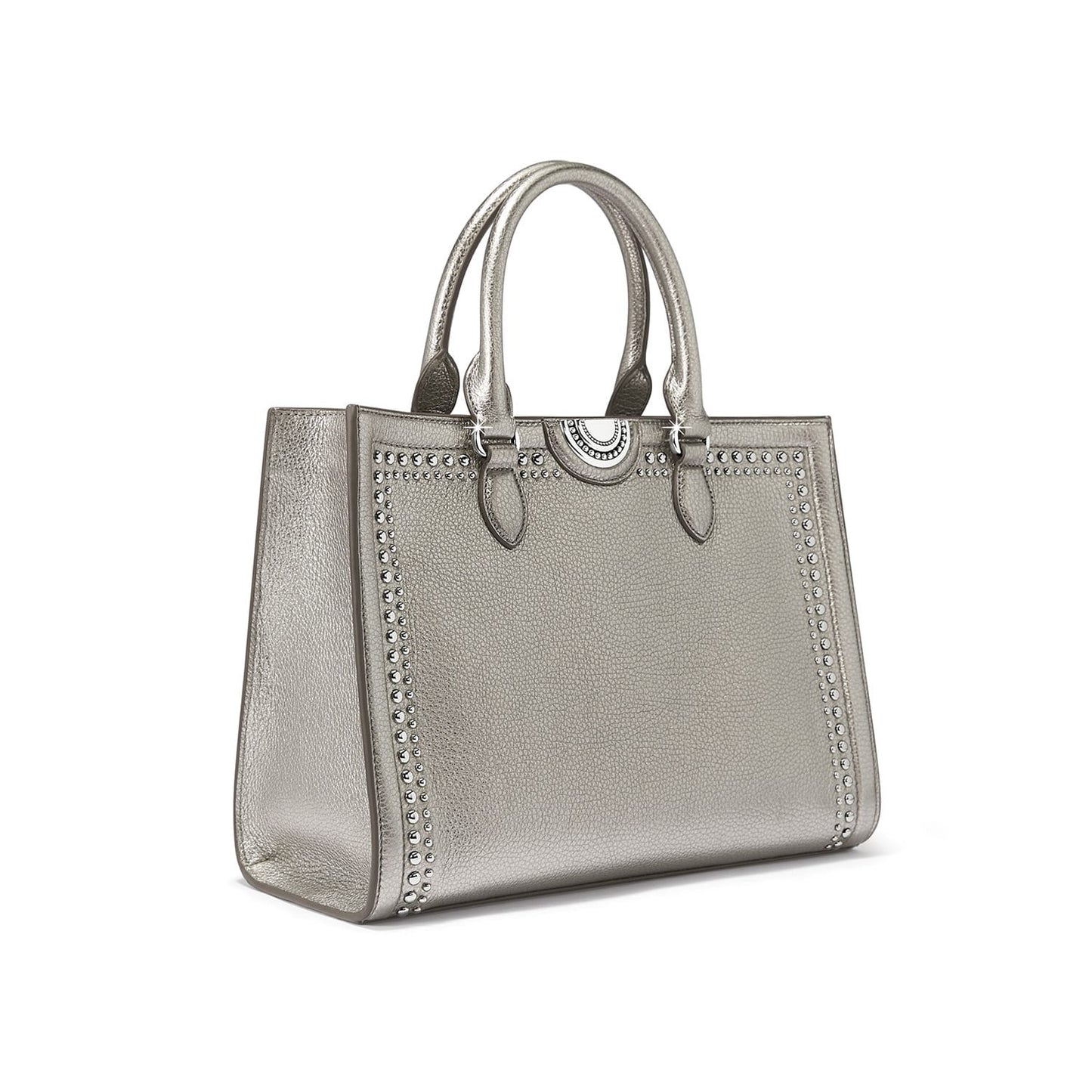 Brighton metallic silver leather handbag with studded trim, dual top handles, and circular medallion accent on a white background