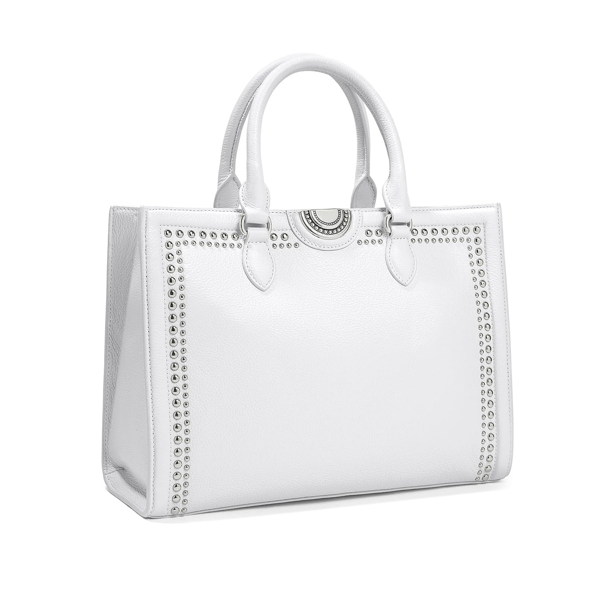 Brighton white leather handbag with silver-tone studded trim, dual rolled handles, and circular medallion on a white background