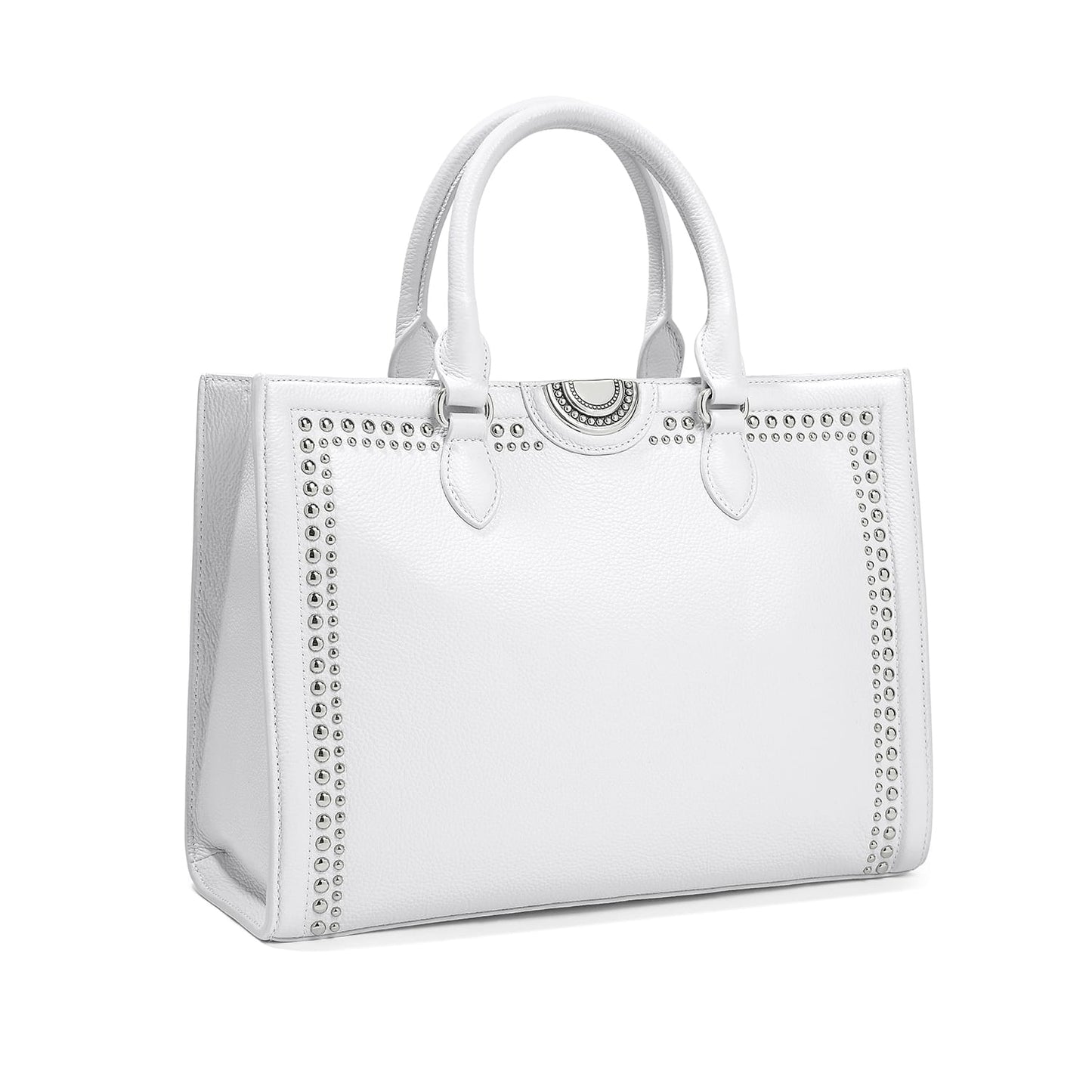 Brighton white leather handbag with silver-tone studded trim, dual rolled handles, and circular medallion on a white background