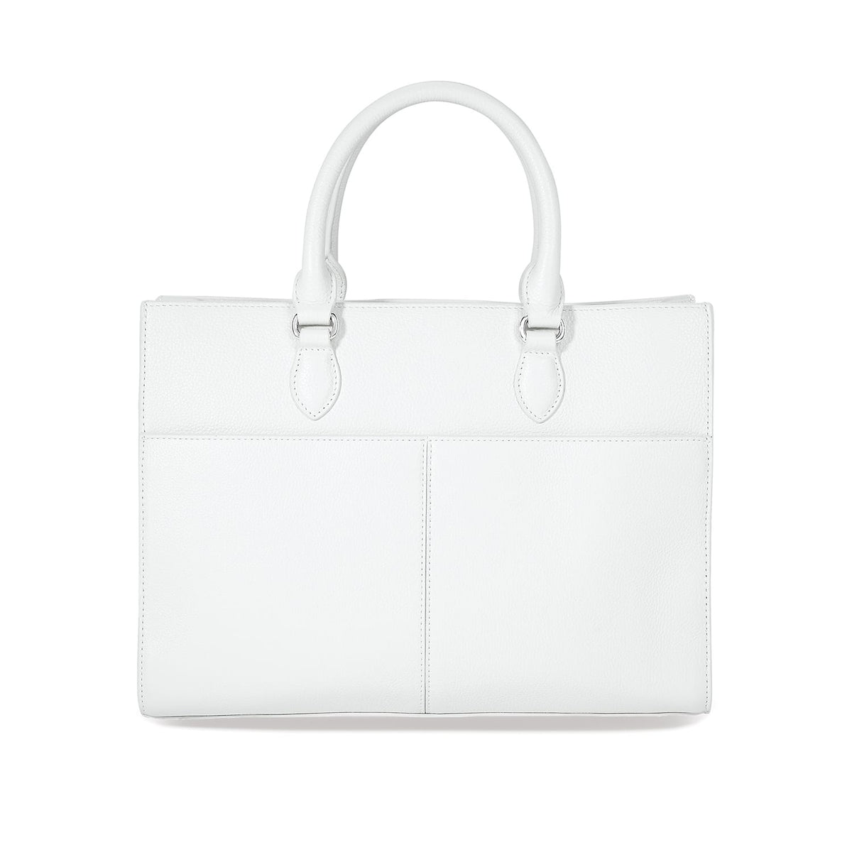 Brighton handbag shown from the back in white leather with dual rolled handles and stitched pocket panels on a white background