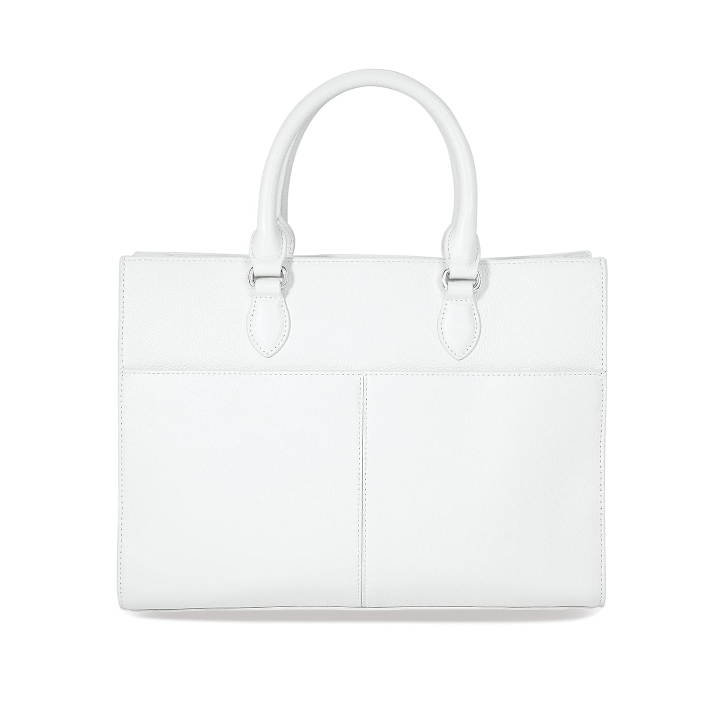 Brighton handbag shown from the back in white leather with dual rolled handles and stitched pocket panels on a white background