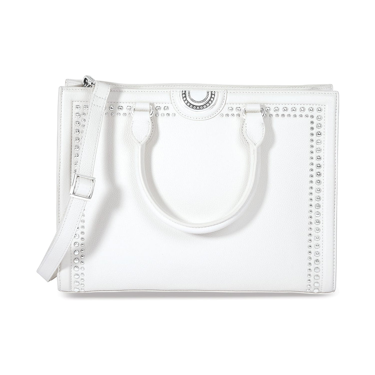 Brighton white leather handbag with silver-tone studded trim, dual top handles, and adjustable shoulder strap on a white background