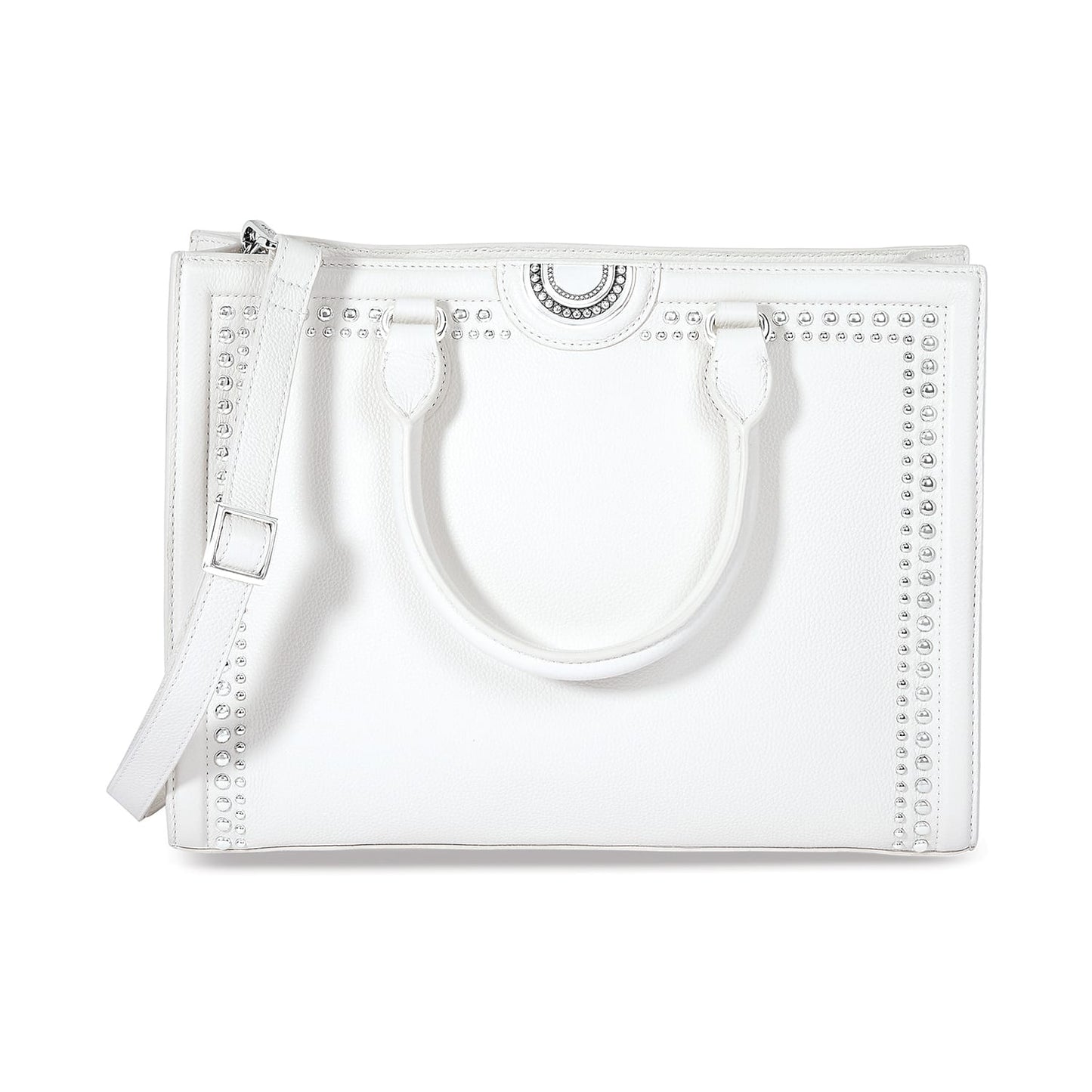 Brighton white leather handbag with silver-tone studded trim, dual top handles, and adjustable shoulder strap on a white background