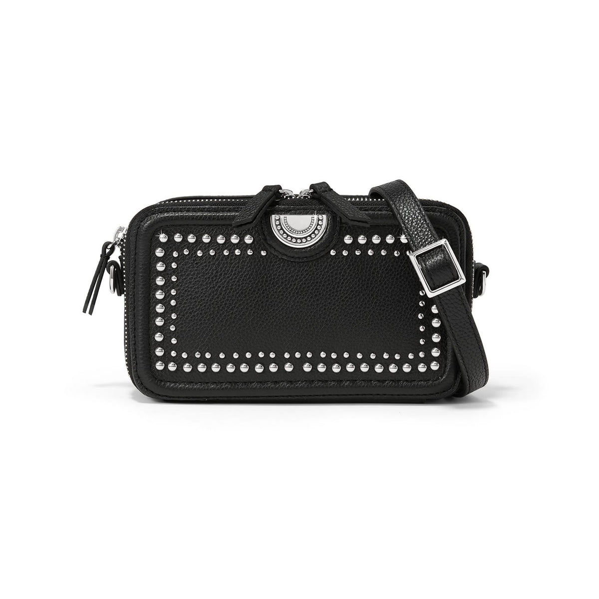 Brighton black leather crossbody handbag with silver-tone studded trim, medallion accent, and adjustable strap on a white background