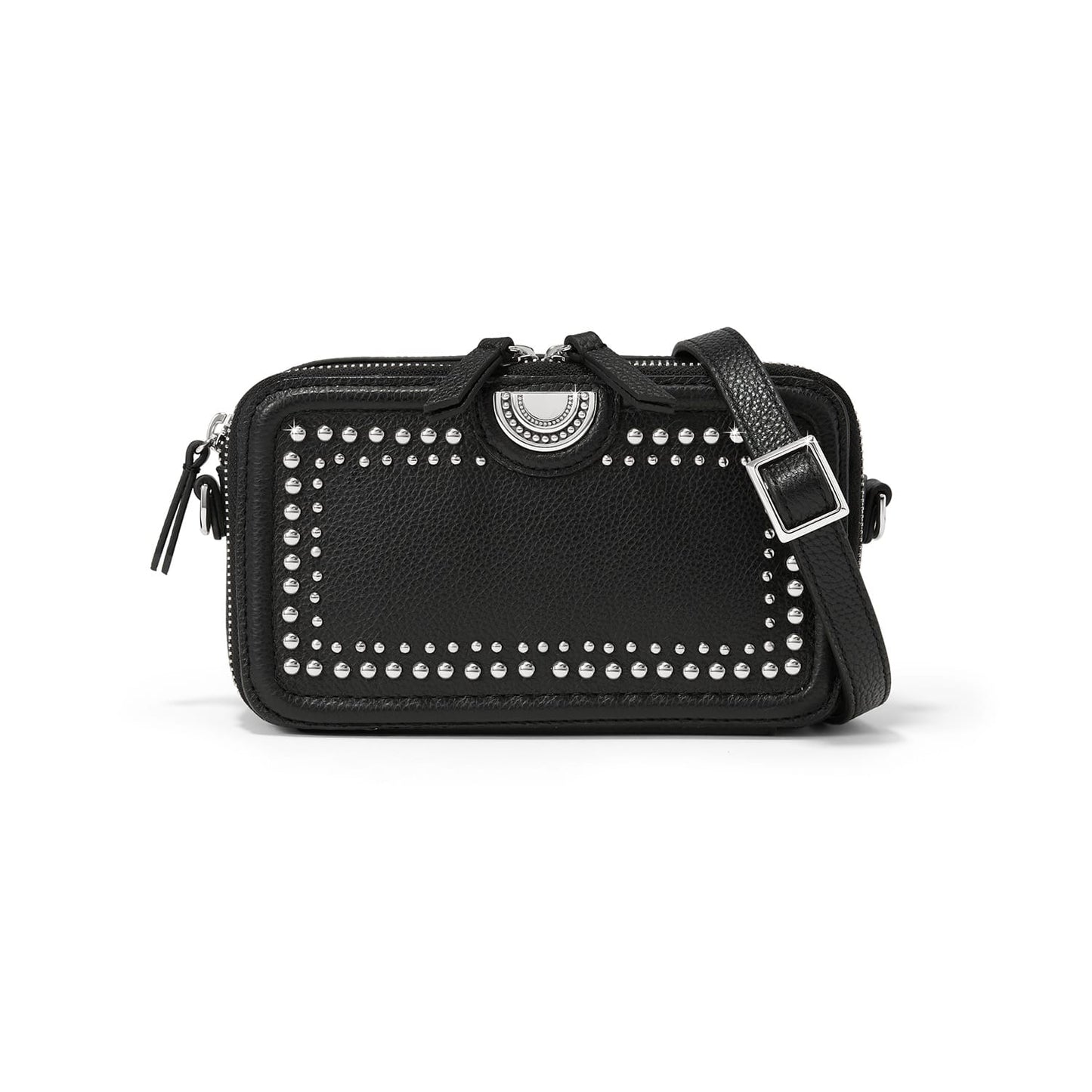 Brighton black leather crossbody handbag with silver-tone studded trim, medallion accent, and adjustable strap on a white background