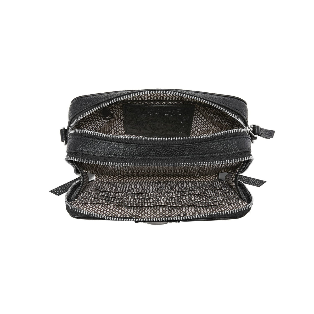 Brighton black leather handbag shown open with patterned interior lining and silver-tone zipper compartments on a white background