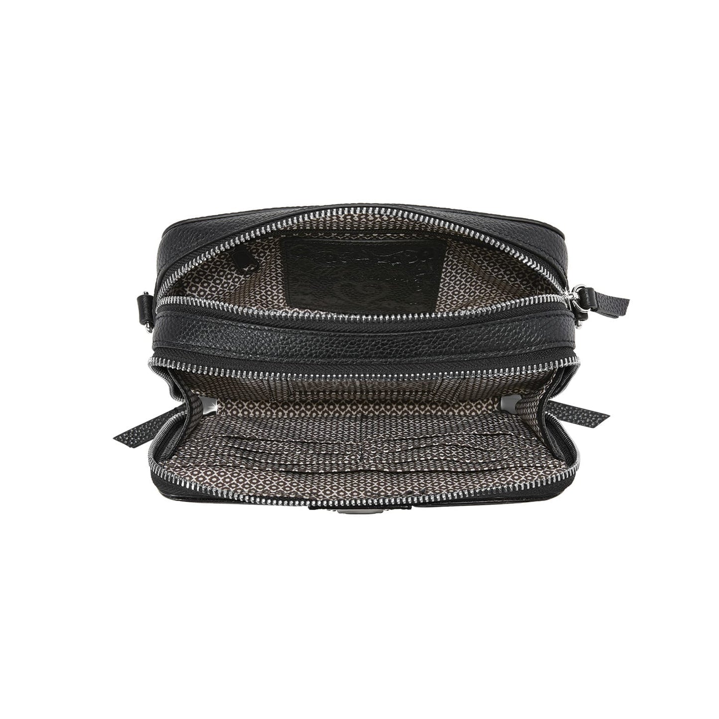 Brighton black leather handbag shown open with patterned interior lining and silver-tone zipper compartments on a white background
