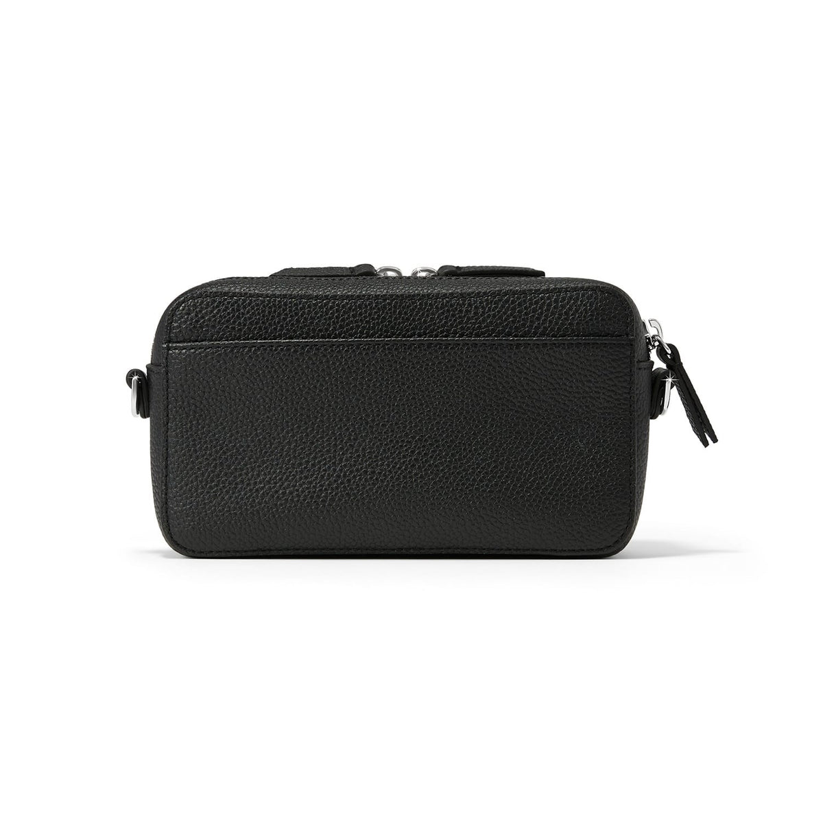 Brighton crossbody handbag shown from the back in black pebbled leather with silver-tone hardware on a white background