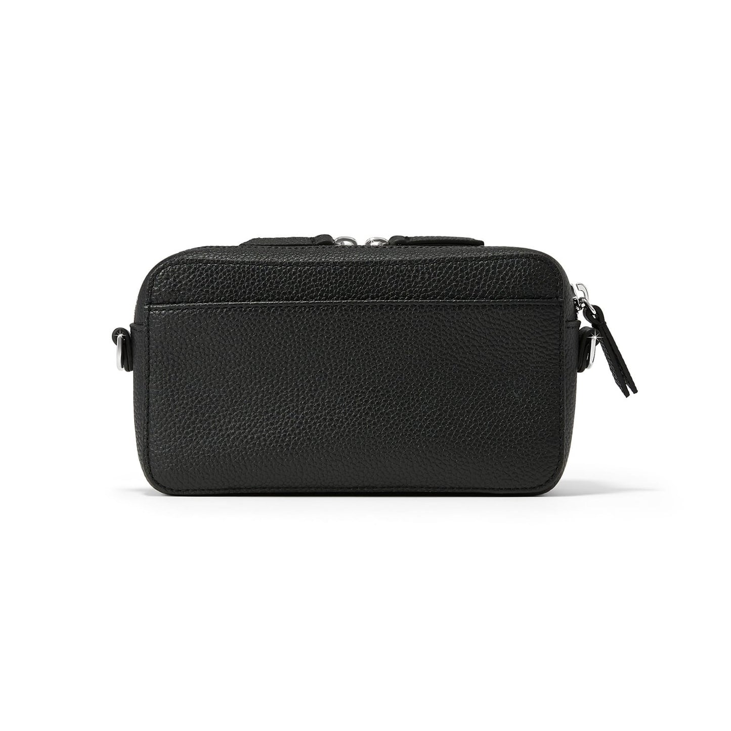 Brighton crossbody handbag shown from the back in black pebbled leather with silver-tone hardware on a white background