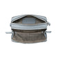 Brighton handbag shown open with light blue leather trim and patterned fabric interior lining on a white background