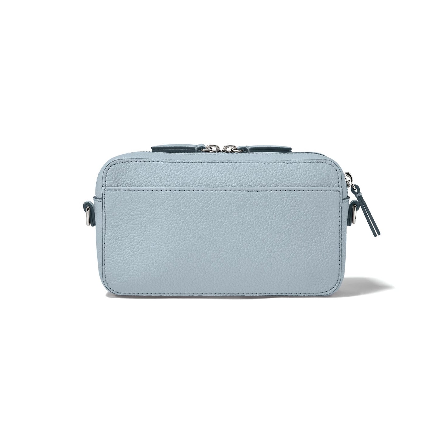 Brighton light blue pebbled leather crossbody handbag shown from the back with slip pocket and silver-tone hardware on a white background