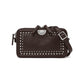 Brighton crossbody handbag in dark brown leather with silver-tone studs, medallion accent, and adjustable strap on a white background