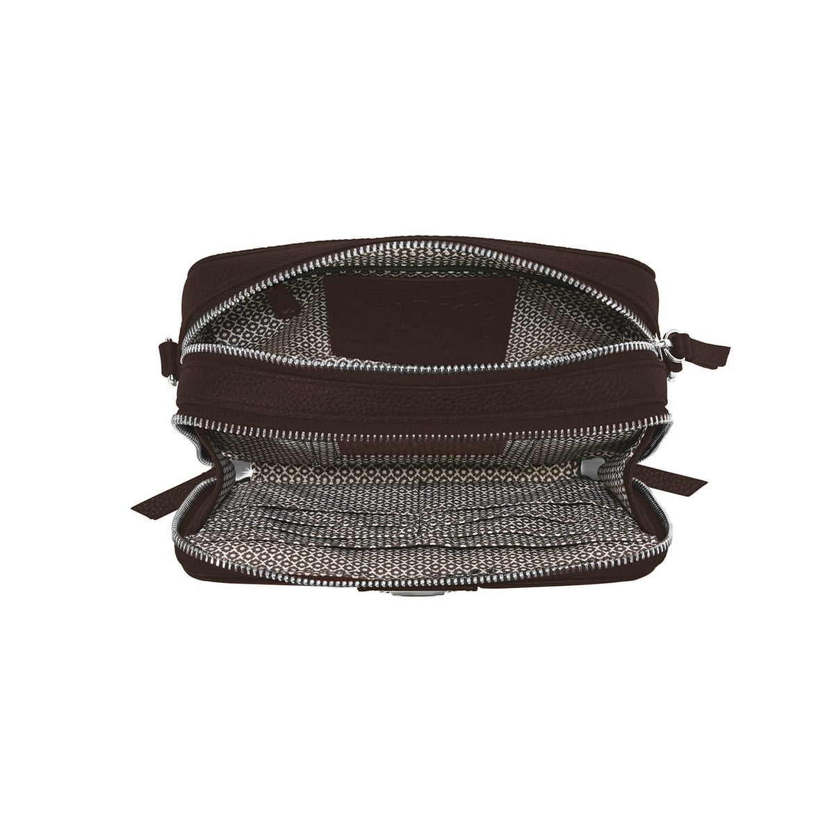 Brighton brown leather handbag shown open with patterned fabric interior lining and silver-tone zipper on a white background
