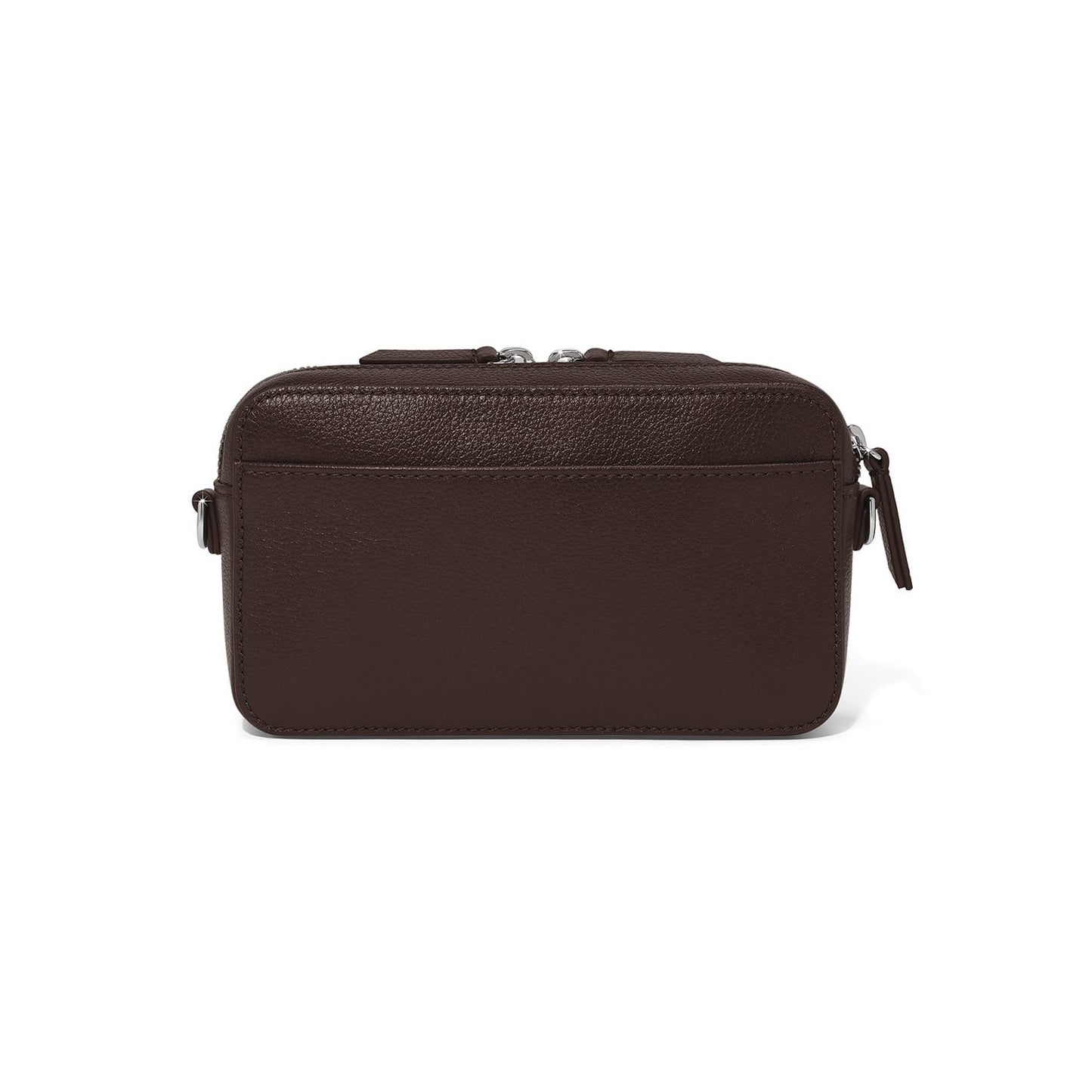 Brighton handbag shown from the back in dark brown leather with slip pocket and silver-tone hardware on a white background
