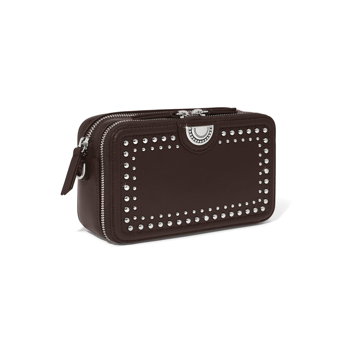 Brighton dark brown leather crossbody handbag with silver-tone studs, dual zip closure, and medallion accent on a white background
