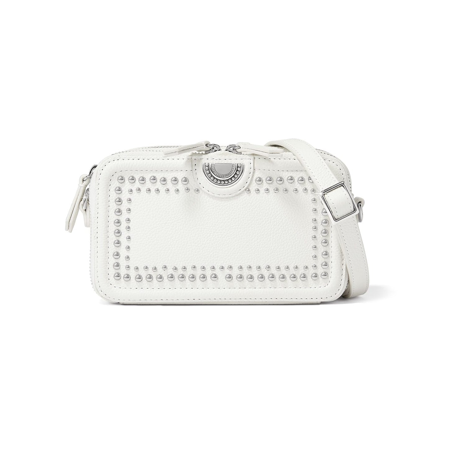 Brighton white leather crossbody handbag with silver-tone studded border, medallion accent, and adjustable strap on a white background