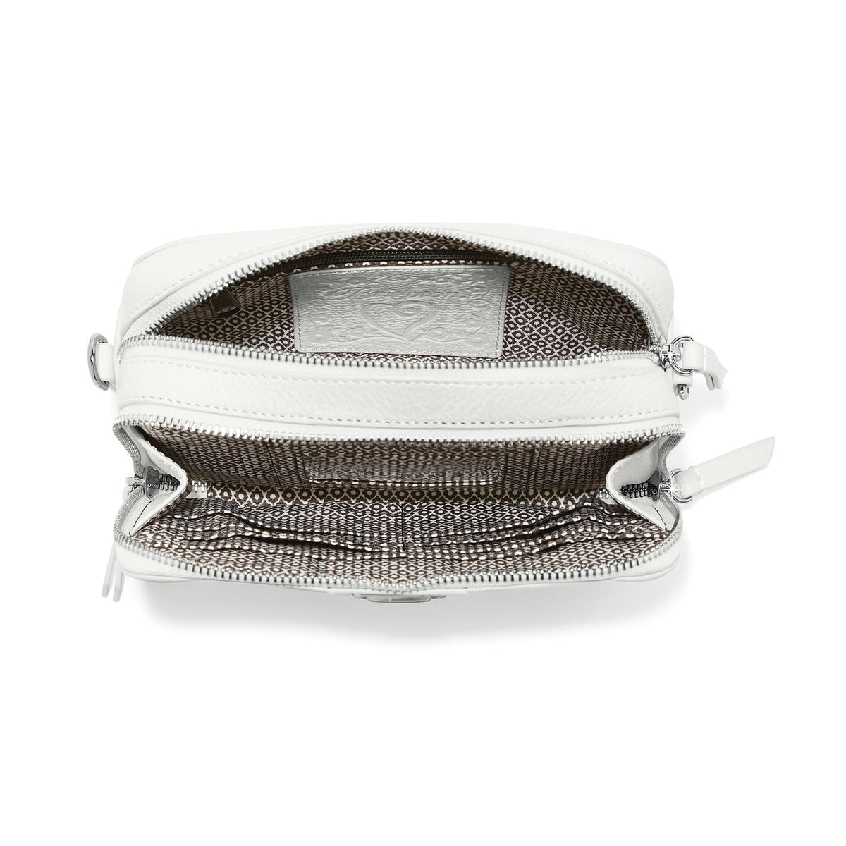 Brighton white leather handbag shown open with patterned interior lining and silver-tone zipper hardware on a white background