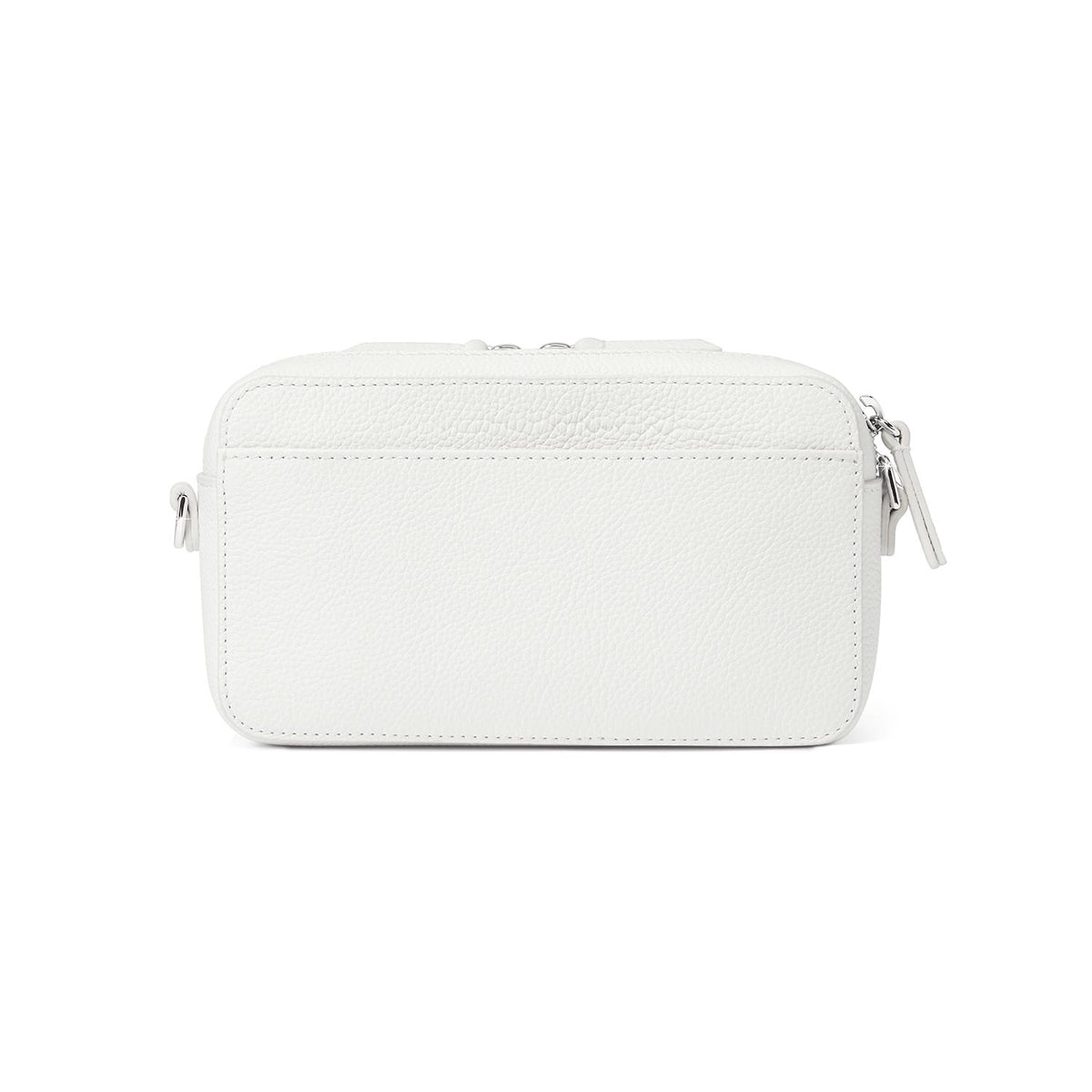Brighton handbag shown from the back with white pebbled leather, slip pocket, and silver-tone zipper on a white background