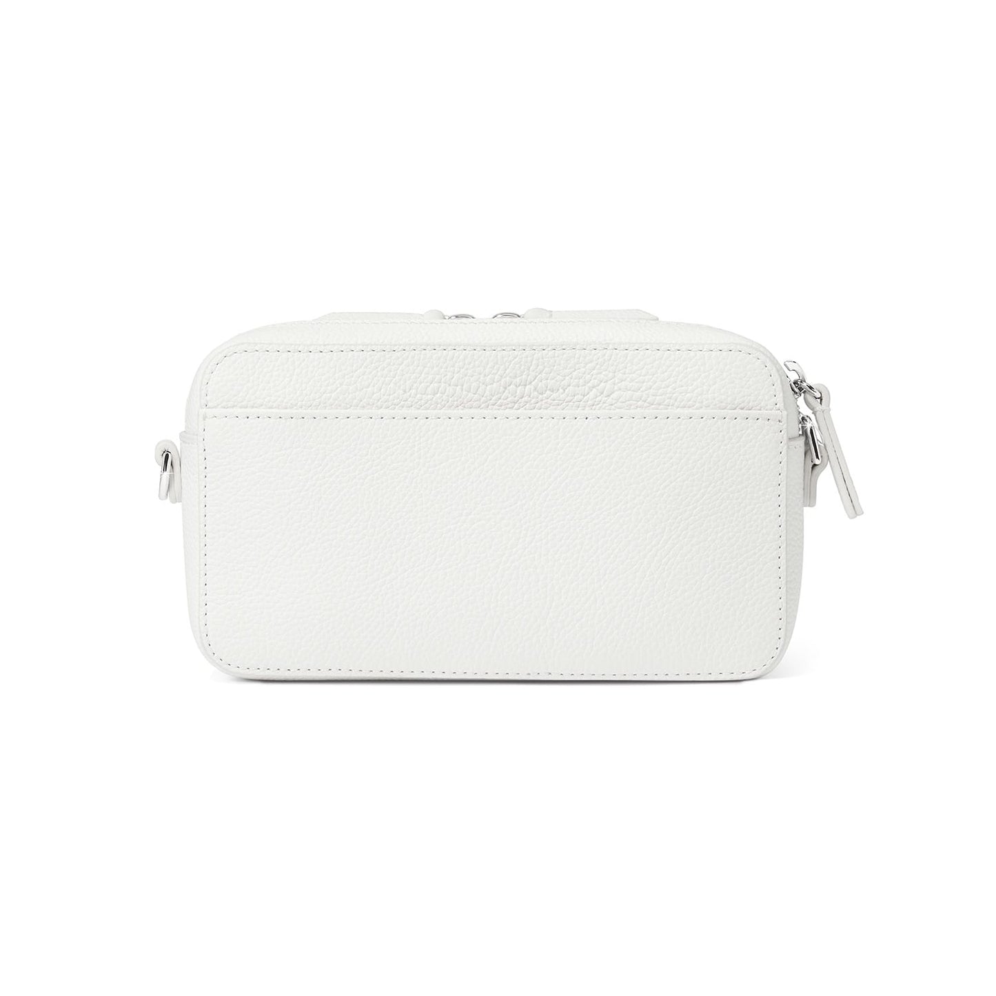 Brighton handbag shown from the back with white pebbled leather, slip pocket, and silver-tone zipper on a white background