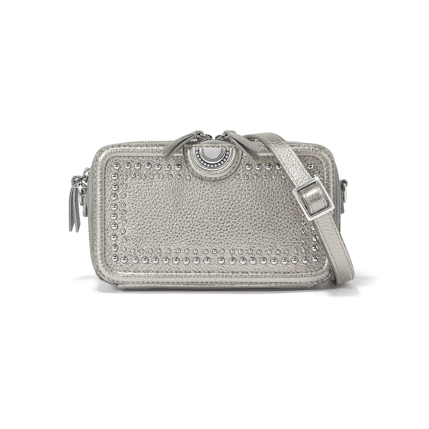 Brighton silver metallic crossbody handbag with studded trim, medallion accent, and adjustable strap on a white background