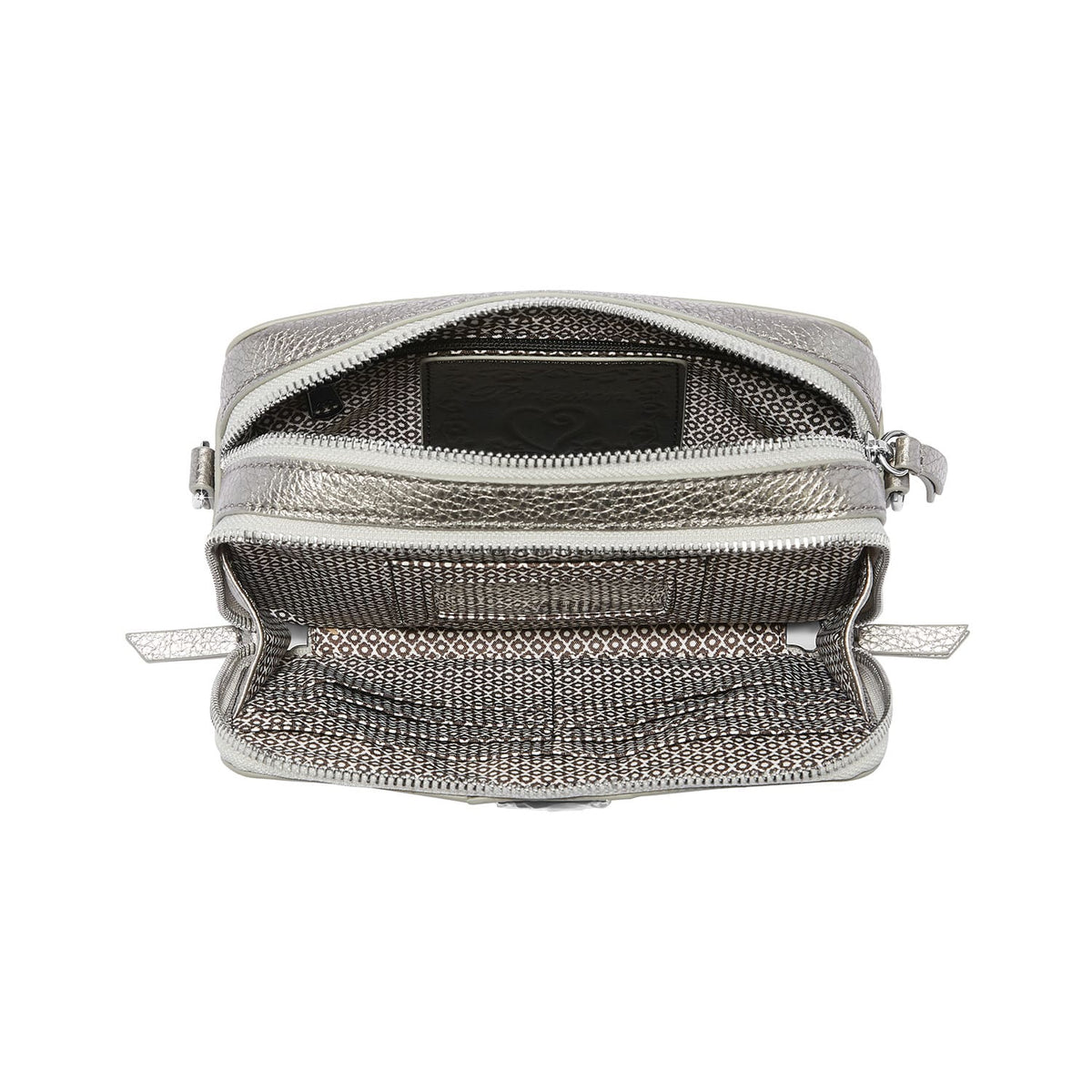 Brighton metallic silver handbag shown open with patterned interior lining and zippered compartments on a white background