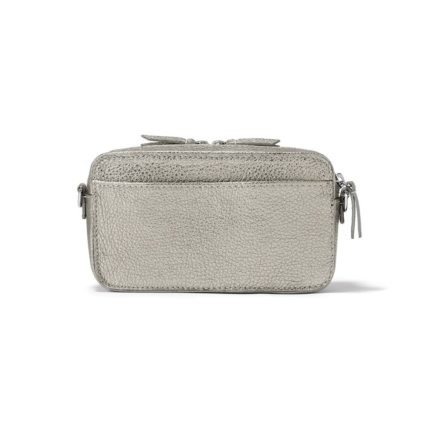Brighton crossbody handbag shown from the back in metallic silver pebbled leather with zipper detail on a white background