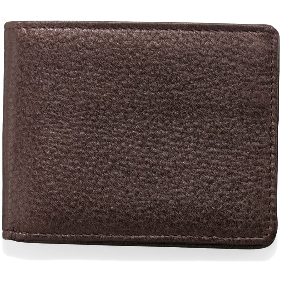 Brighton bifold wallet in brown pebbled leather with visible stitching along the edges on a white background