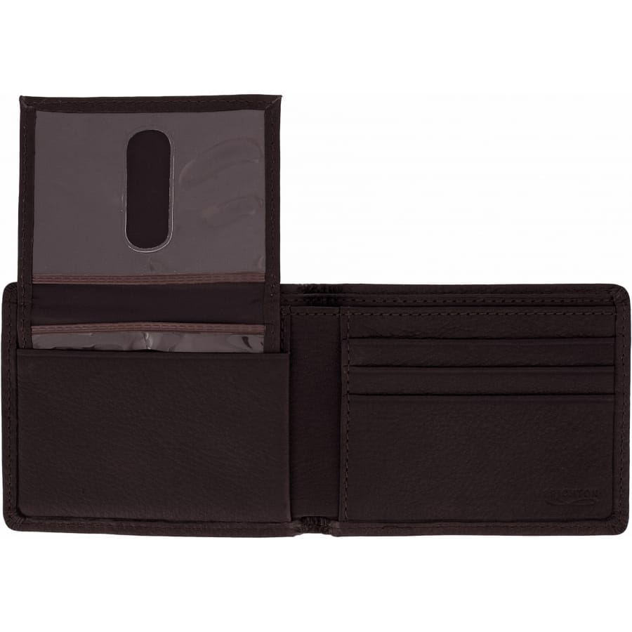 Brighton bifold wallet shown open with dark brown leather interior, clear ID window, and card slots on a white background
