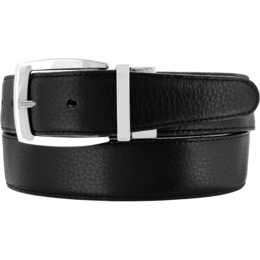 Brighton black leather belt with pebbled texture and silver-tone rectangular buckle on a white background