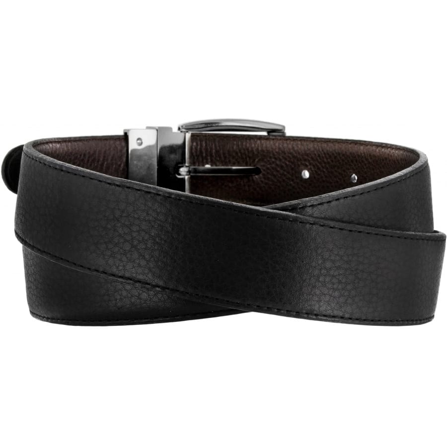 Brighton reversible leather belt in black and brown with silver-tone buckle, coiled on a white background