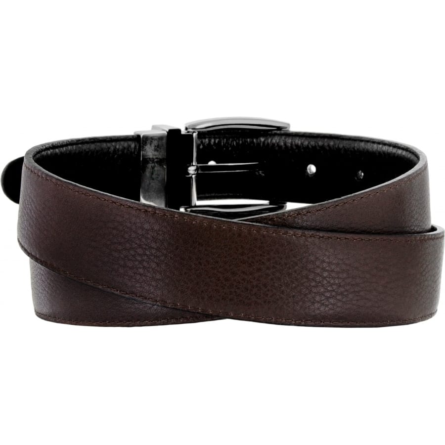 Brighton reversible leather belt in brown and black with dark rectangular buckle on a white background