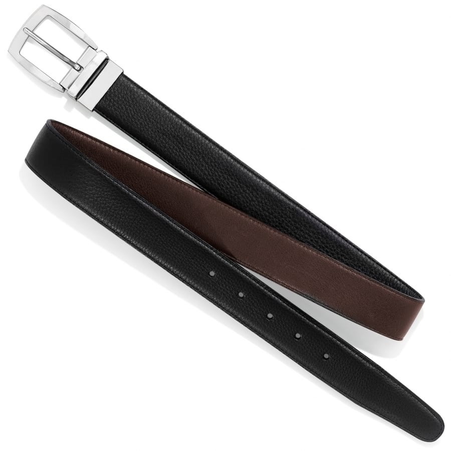 Brighton reversible leather belt with silver-tone buckle, showing black and brown sides on a white background