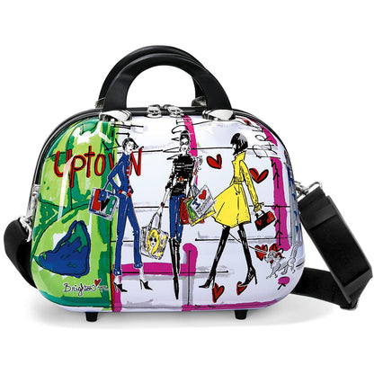 Brighton beauty case with illustrated fashion shoppers print, green accents, and black top handles on a white background