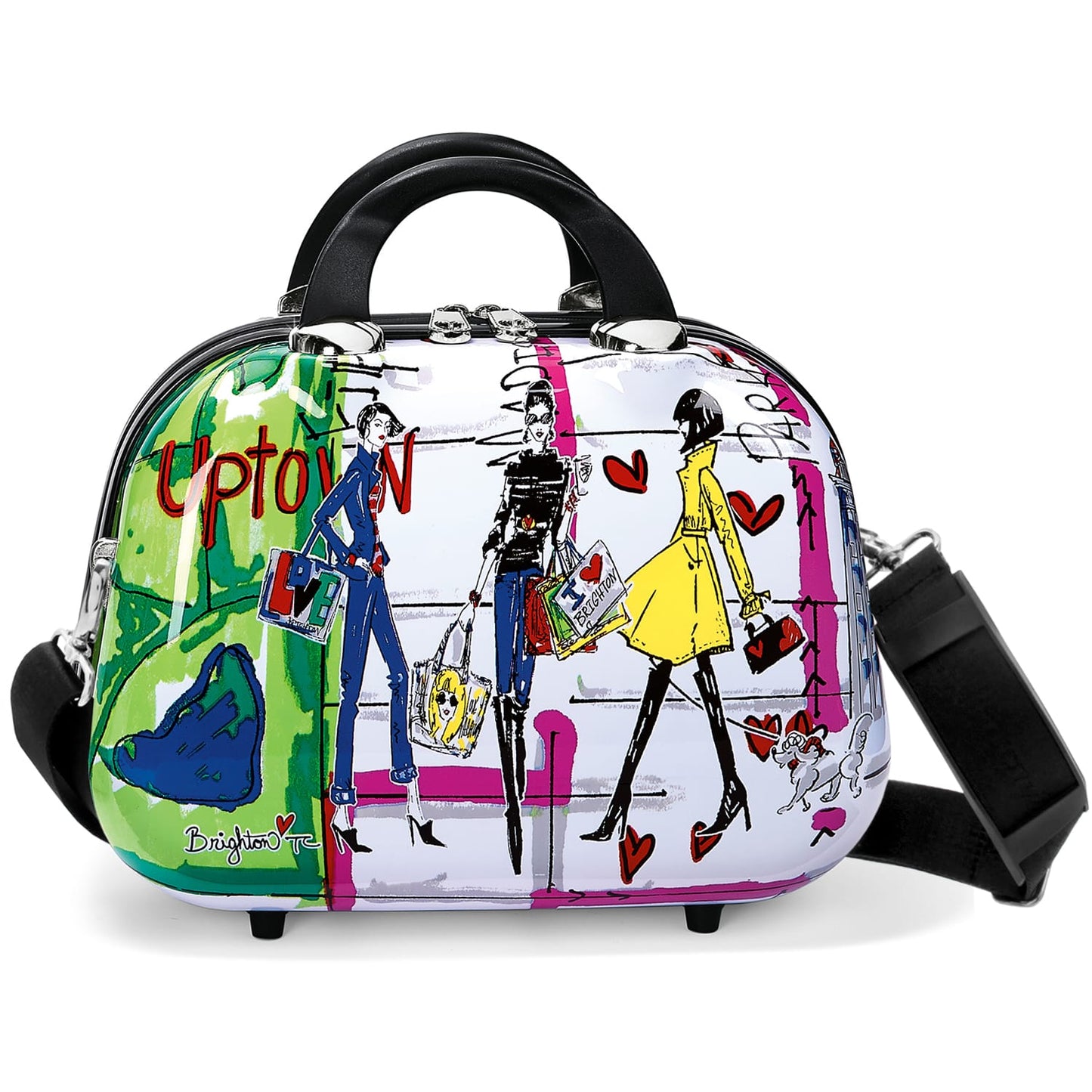 Brighton beauty case with illustrated fashion shoppers print, green accents, and black top handles on a white background
