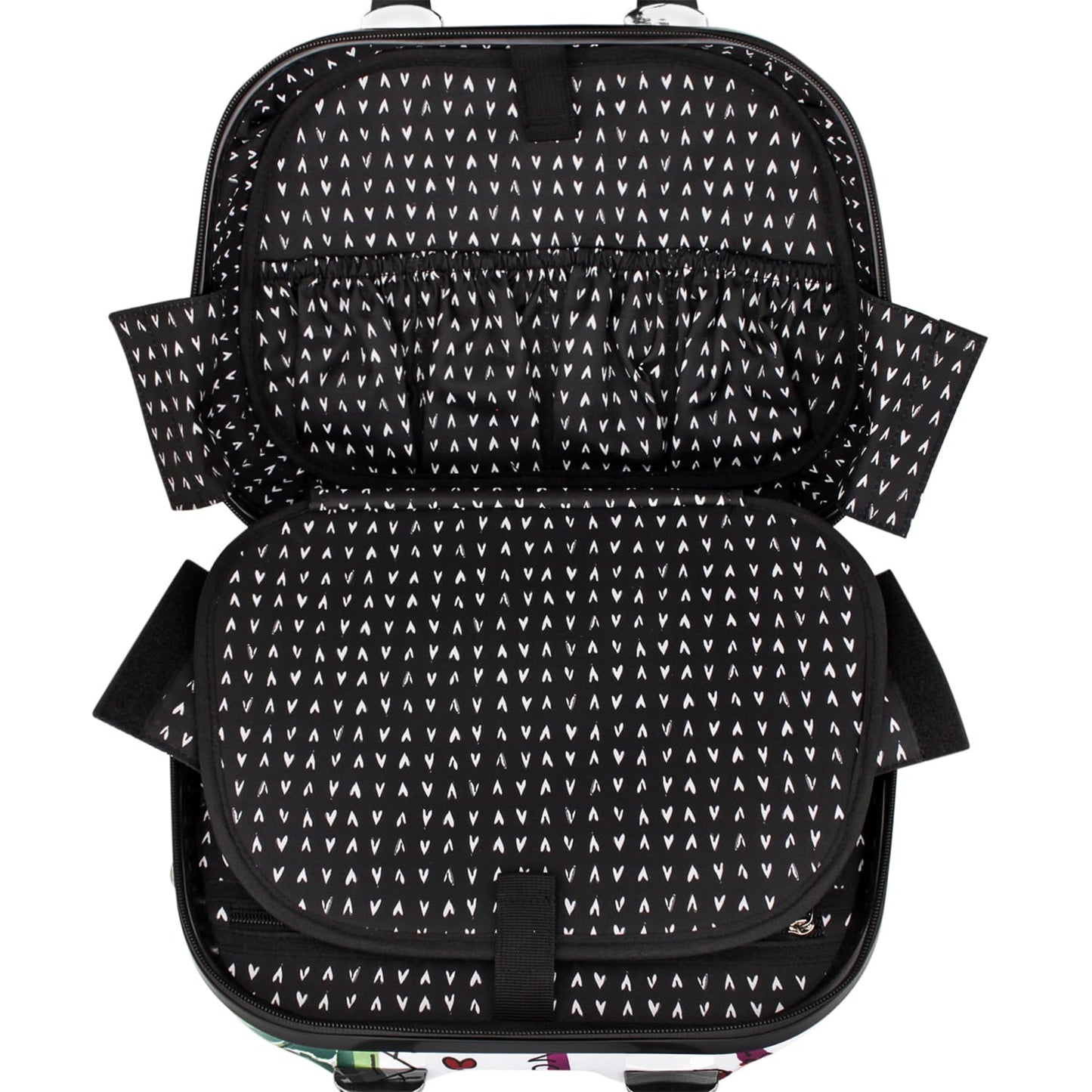 Close-up of Brighton luggage interior view with black heart-print lining, elastic mesh pocket, and zippered compartments