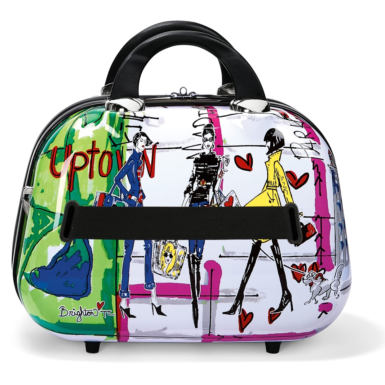 Brighton travel case with illustrated Uptown fashion print, black handles, and elastic strap on a white background