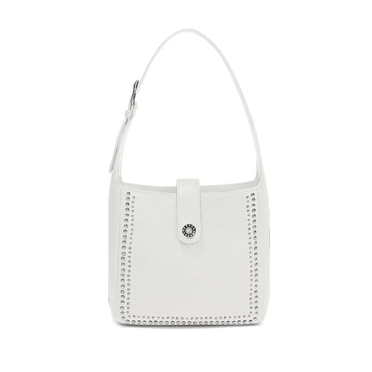 Brighton white pebbled handbag with silver-tone stud trim and adjustable shoulder strap on a white background